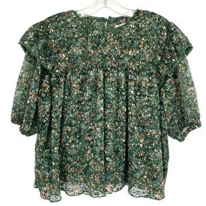 Anthropologie Porridge Green Floral Lace Ruffle Blouse Top